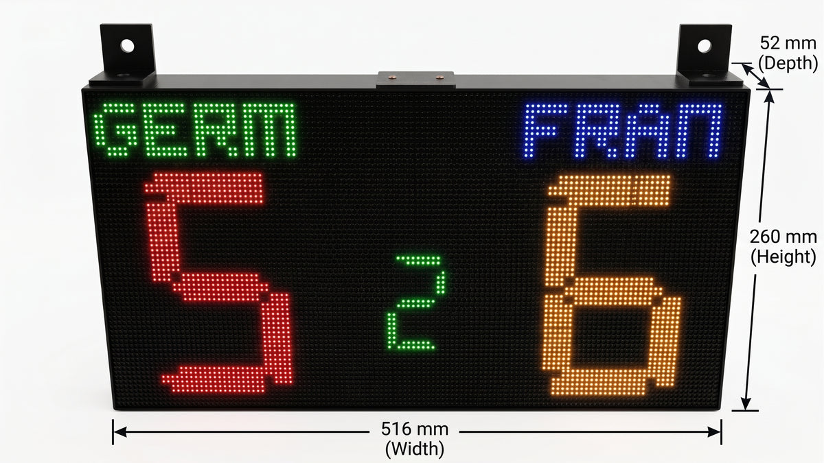 SIZE 1- Wi-Fi controlled Indoor digital scoreboard with 2 chained P4 64x64 pixels RGB LED matrix- 51.2cmx25.6cm / 20.16 in×10.08 in / 1.68 feet×0.84 feet