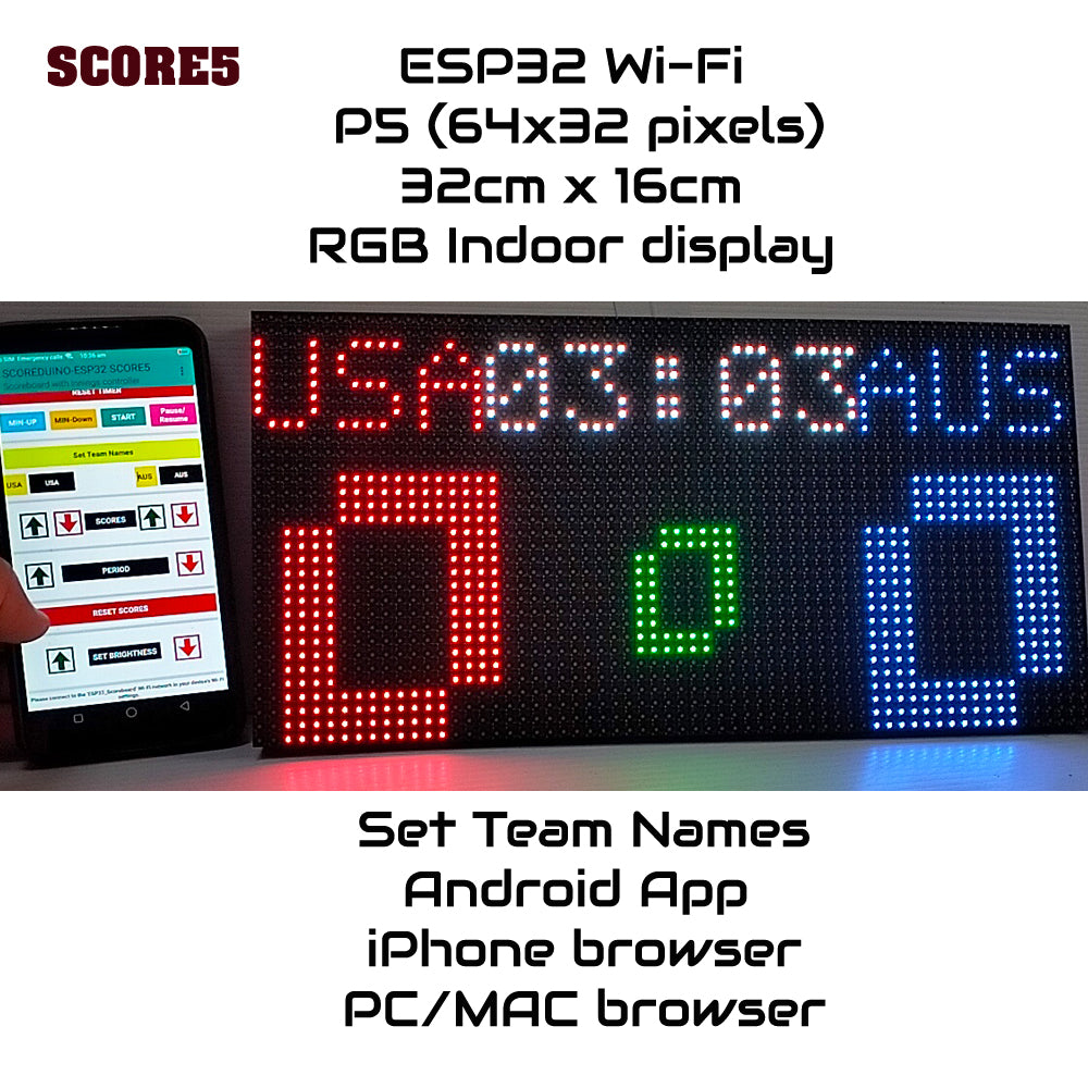 SIZE 7- Wi-Fi controlled Indoor digital scoreboard with P5 64x32 pixels RGB LED matrix- 32cmx16cm / 12.6in x 6.3in / 1.05ft x 0.52ft