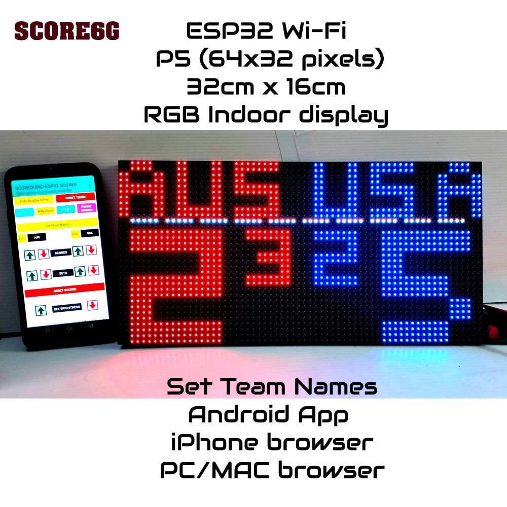 SIZE 7- Wi-Fi controlled Indoor digital scoreboard with P5 64x32 pixels RGB LED matrix- 32cmx16cm / 12.6in x 6.3in / 1.05ft x 0.52ft