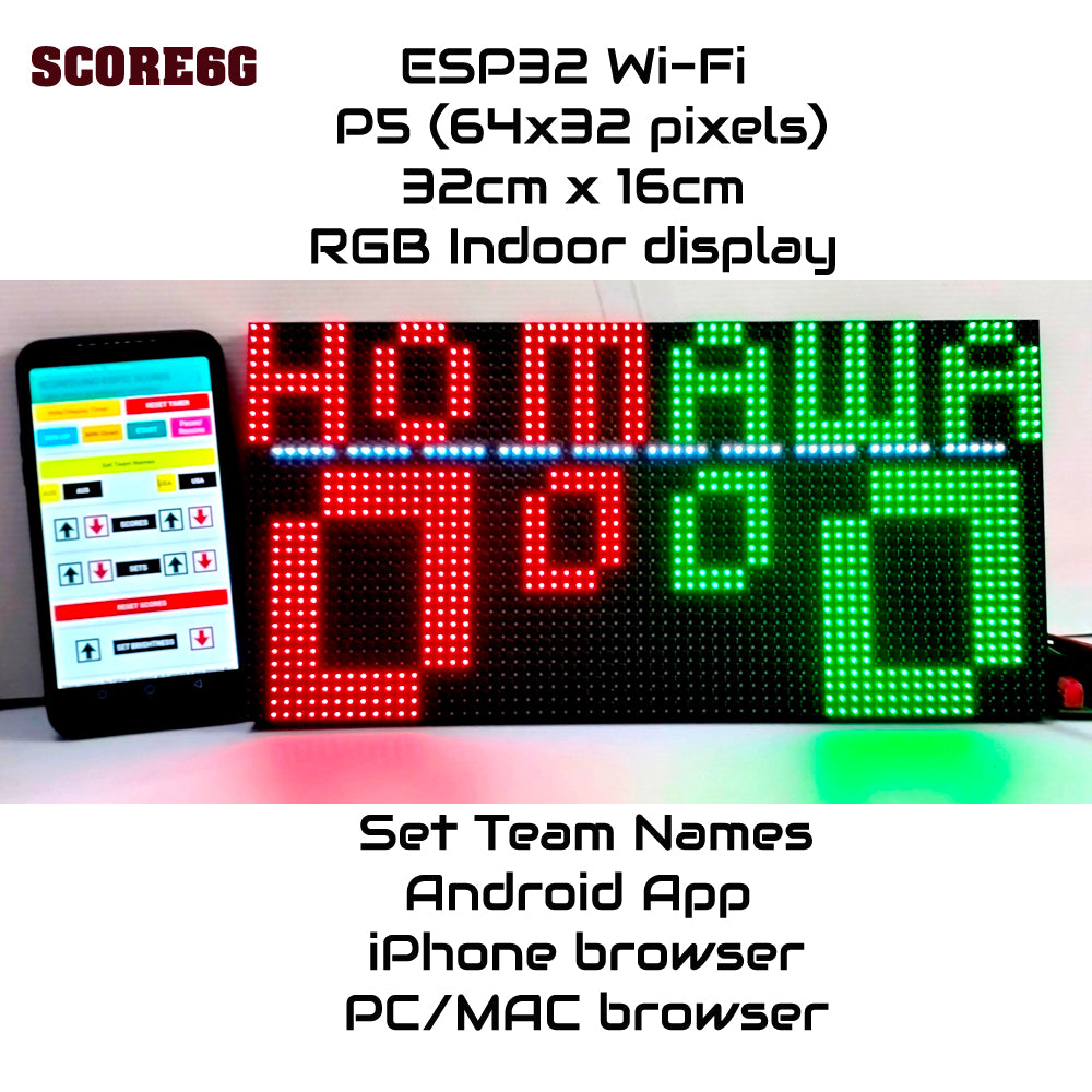 SIZE 7- Wi-Fi controlled Indoor digital scoreboard with P5 64x32 pixels RGB LED matrix- 32cmx16cm / 12.6in x 6.3in / 1.05ft x 0.52ft