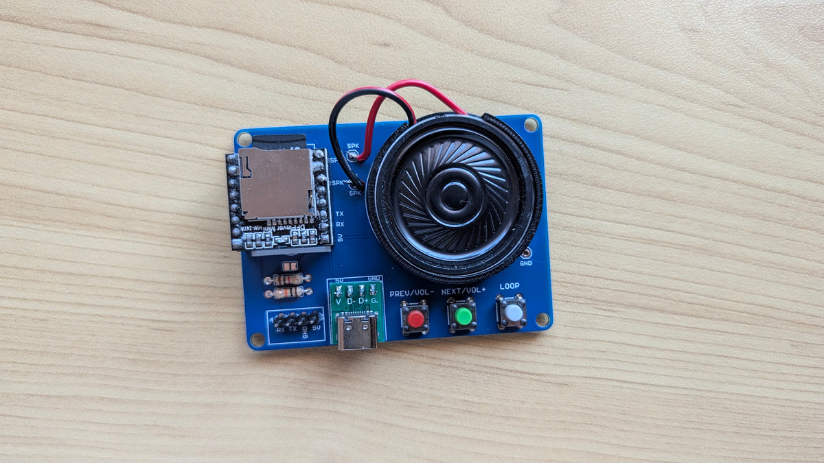 DFPlayer Mini MP3 Player Tester Module with USB-C Power, Speaker & Optional Enclosure