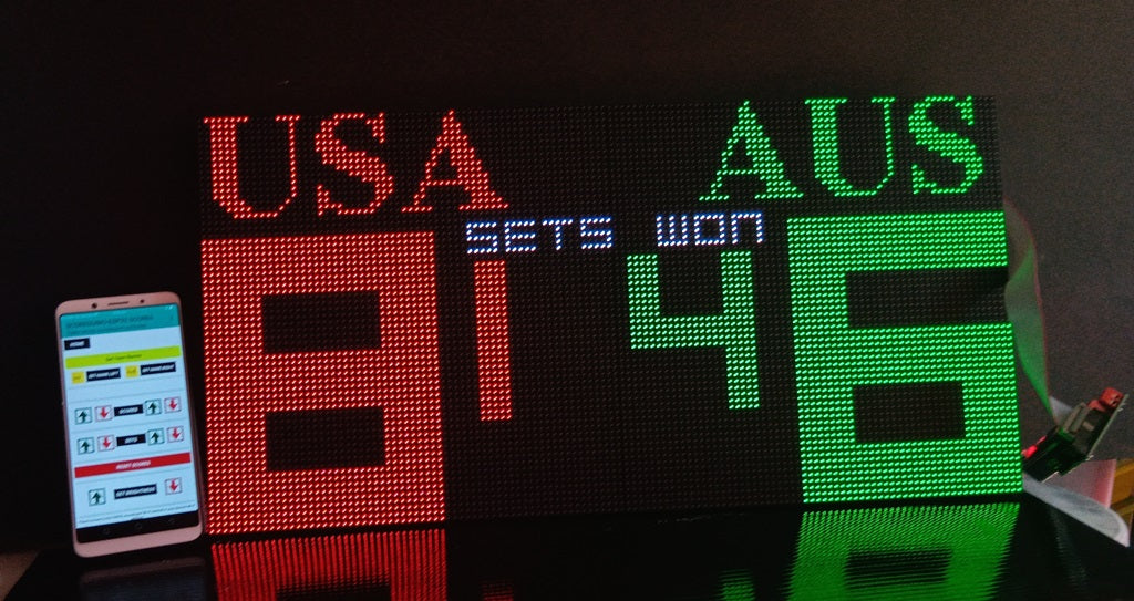 SIZE 1- Wi-Fi controlled Indoor digital scoreboard with 2 chained P4 64x64 pixels RGB LED matrix- 51.2cmx25.6cm / 20.16 in×10.08 in / 1.68 feet×0.84 feet
