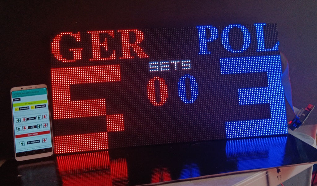 SIZE 1- Wi-Fi controlled Indoor digital scoreboard with 2 chained P4 64x64 pixels RGB LED matrix- 51.2cmx25.6cm / 20.16 in×10.08 in / 1.68 feet×0.84 feet