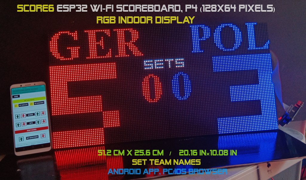 SIZE 1- Wi-Fi controlled Indoor digital scoreboard with 2 chained P4 64x64 pixels RGB LED matrix- 51.2cmx25.6cm / 20.16 in×10.08 in / 1.68 feet×0.84 feet