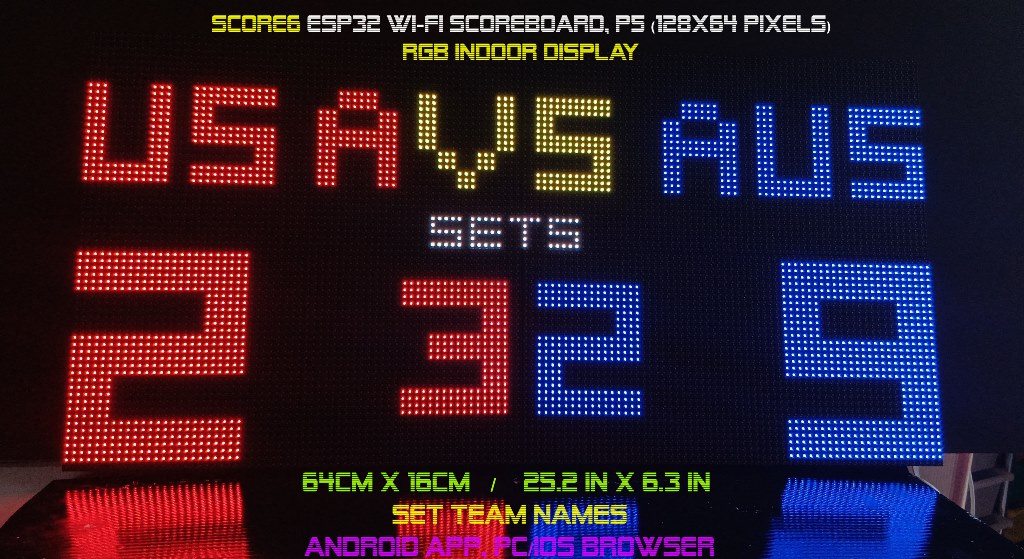 SIZE 4- Wi-Fi controlled Indoor digital scoreboard with 4 chained P5  64x32 pixels RGB LED matrix- 64 cm×32 cm /  25.2 inches×12.6 inches