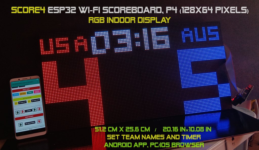 SIZE 1- Wi-Fi controlled Indoor digital scoreboard with 2 chained P4 64x64 pixels RGB LED matrix- 51.2cmx25.6cm / 20.16 in×10.08 in / 1.68 feet×0.84 feet