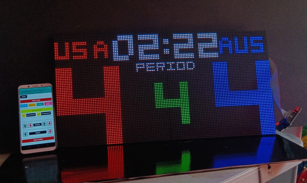 SIZE 1- Wi-Fi controlled Indoor digital scoreboard with 2 chained P4 64x64 pixels RGB LED matrix- 51.2cmx25.6cm / 20.16 in×10.08 in / 1.68 feet×0.84 feet