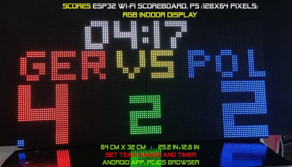 SIZE 4- Wi-Fi controlled Indoor digital scoreboard with 4 chained P5  64x32 pixels RGB LED matrix- 64 cm×32 cm /  25.2 inches×12.6 inches