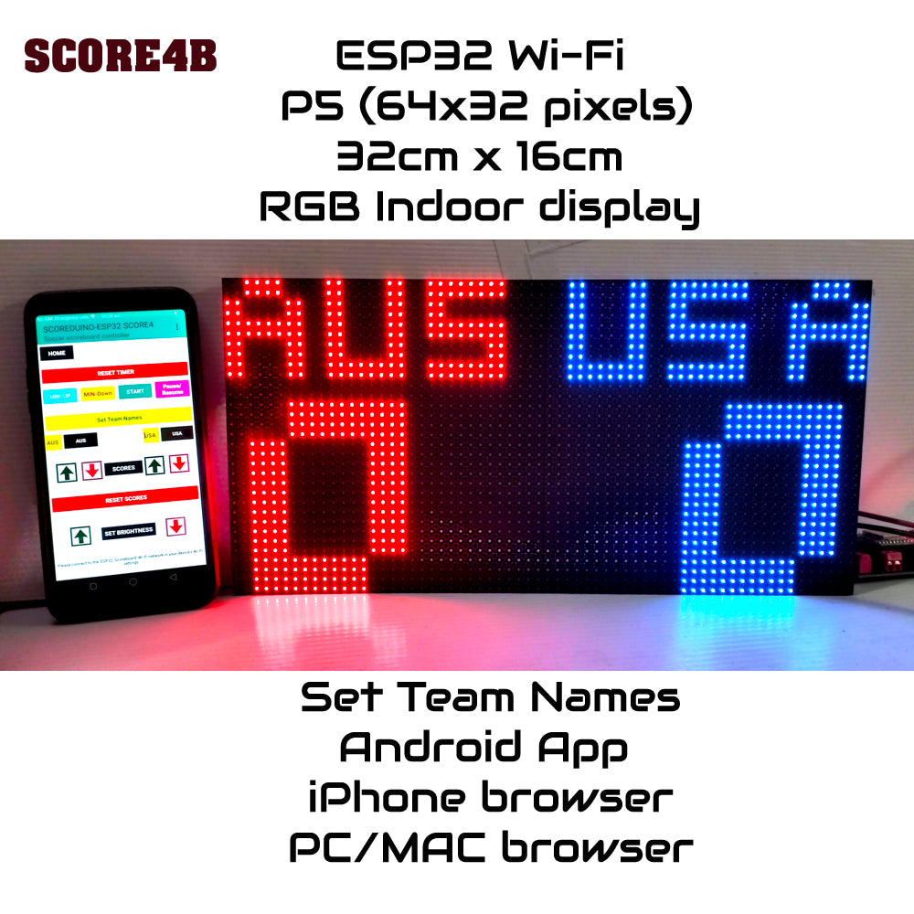 SIZE 7- Wi-Fi controlled Indoor digital scoreboard with P5 64x32 pixels RGB LED matrix- 32cmx16cm / 12.6in x 6.3in / 1.05ft x 0.52ft