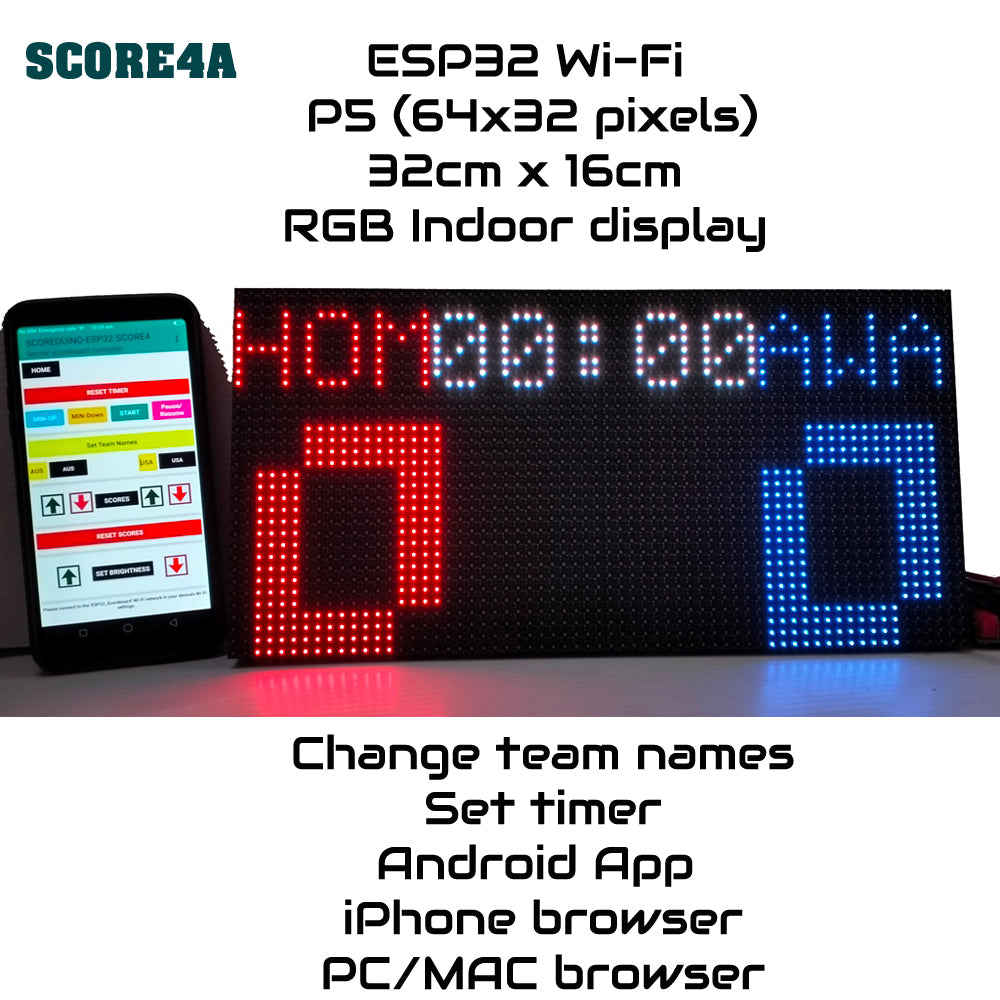 SIZE 7- Wi-Fi controlled Indoor digital scoreboard with P5 64x32 pixels RGB LED matrix- 32cmx16cm / 12.6in x 6.3in / 1.05ft x 0.52ft