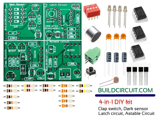 4 in 1 DIY kit- dark sensor, clap switch, latch switch and astable multivibrator