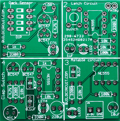 4 in 1 DIY kit- dark sensor, clap switch, latch switch and astable multivibrator