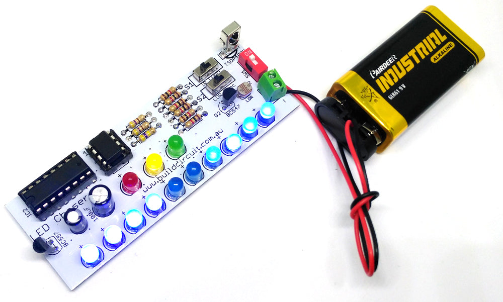 LED chaser using NE555, CD4017, Infrared receiver and photoresistor