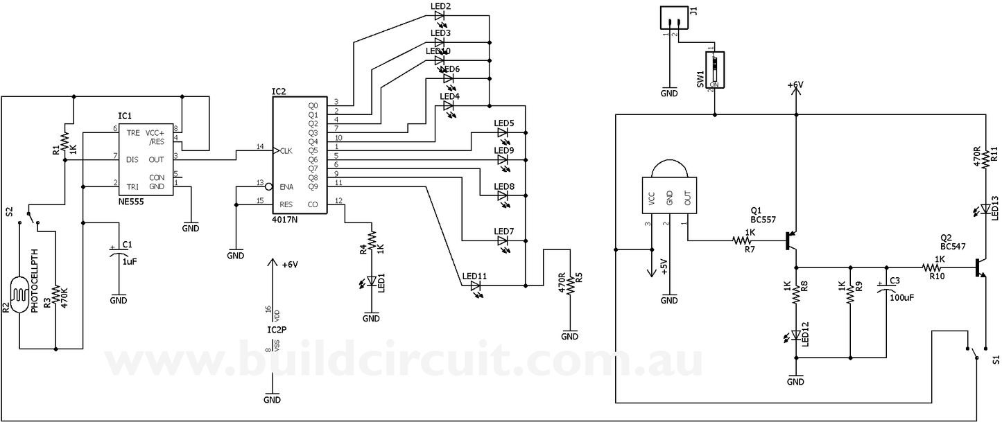 LED chaser using NE555, CD4017, Infrared receiver and photoresistor