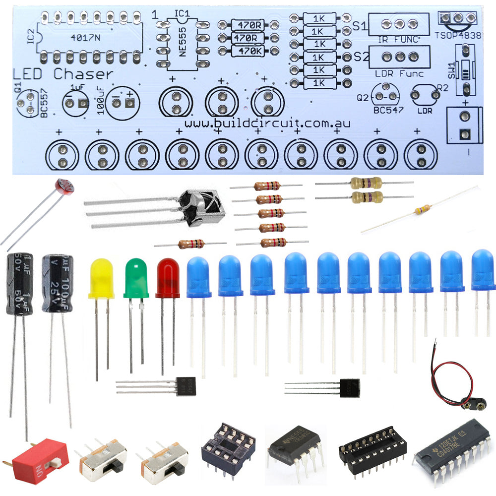 LED chaser using NE555, CD4017, Infrared receiver and photoresistor