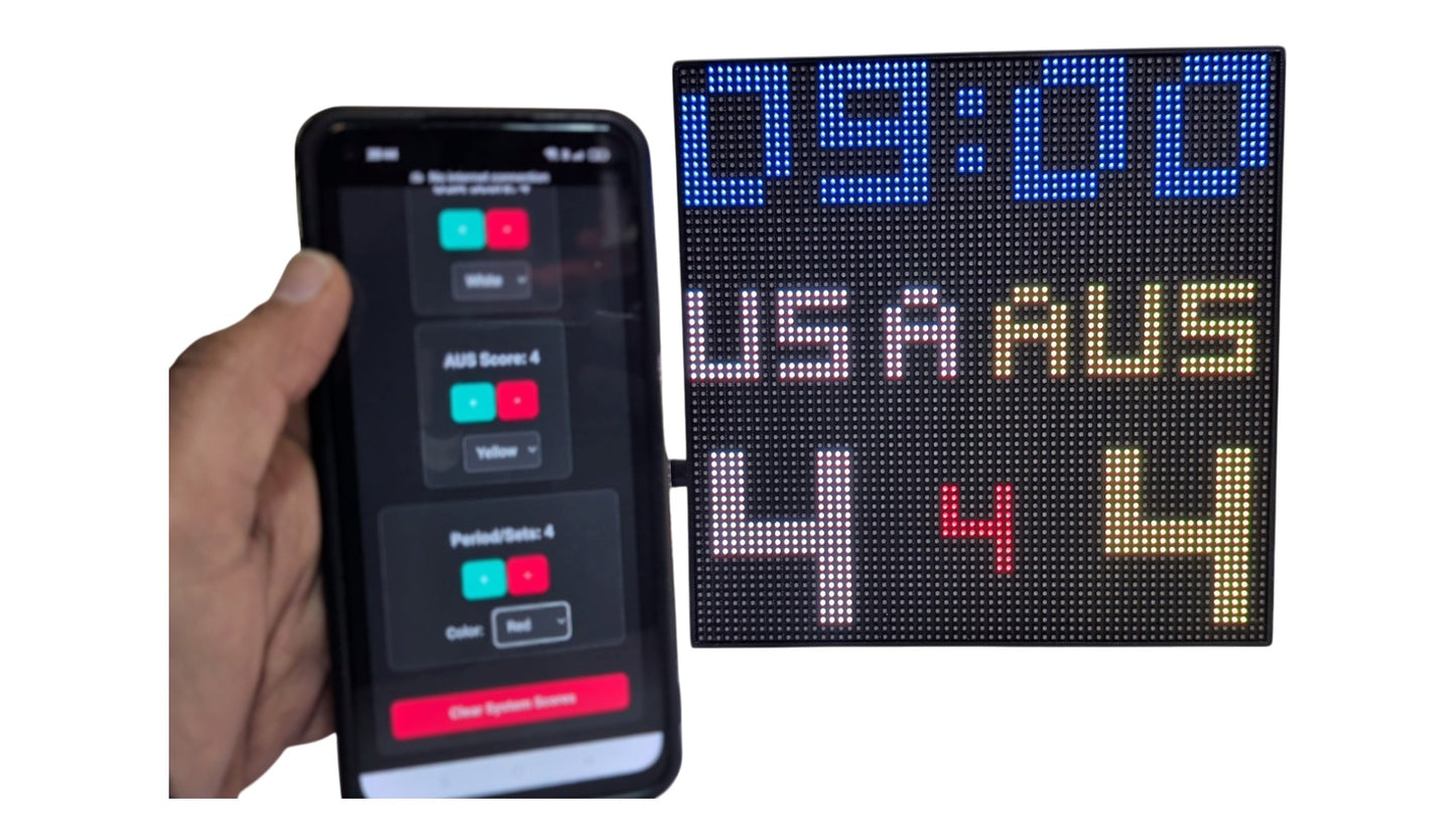 SIZE 5- Wi-Fi controlled Indoor digital scoreboard with P4  64x64 pixels RGB LED matrix- 25.6cmx25.6cm / 10.08inches×10.08inches