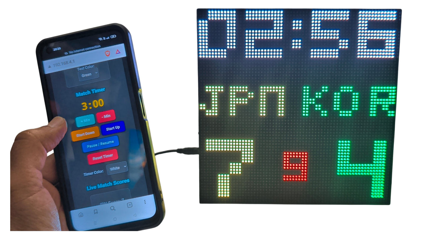 SIZE 5- Wi-Fi controlled Indoor digital scoreboard with P4  64x64 pixels RGB LED matrix- 25.6cmx25.6cm / 10.08inches×10.08inches