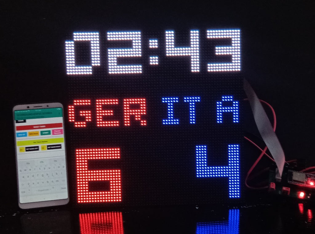 SIZE 5- Wi-Fi controlled Indoor digital scoreboard with P4  64x64 pixels RGB LED matrix- 25.6cmx25.6cm / 10.08inches×10.08inches