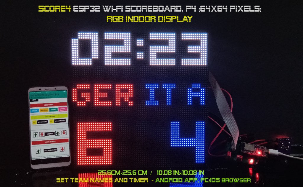 SIZE 5- Wi-Fi controlled Indoor digital scoreboard with P4  64x64 pixels RGB LED matrix- 25.6cmx25.6cm / 10.08inches×10.08inches