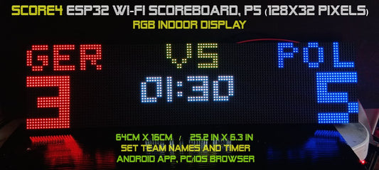 SIZE 2- Wi-Fi controlled Indoor digital scoreboard with 2 chained P5  64x32 pixels RGB LED matrix- 64 cm×16 cm /  25.2inches×6.3inches / 2.1 feet × 0.52 feet