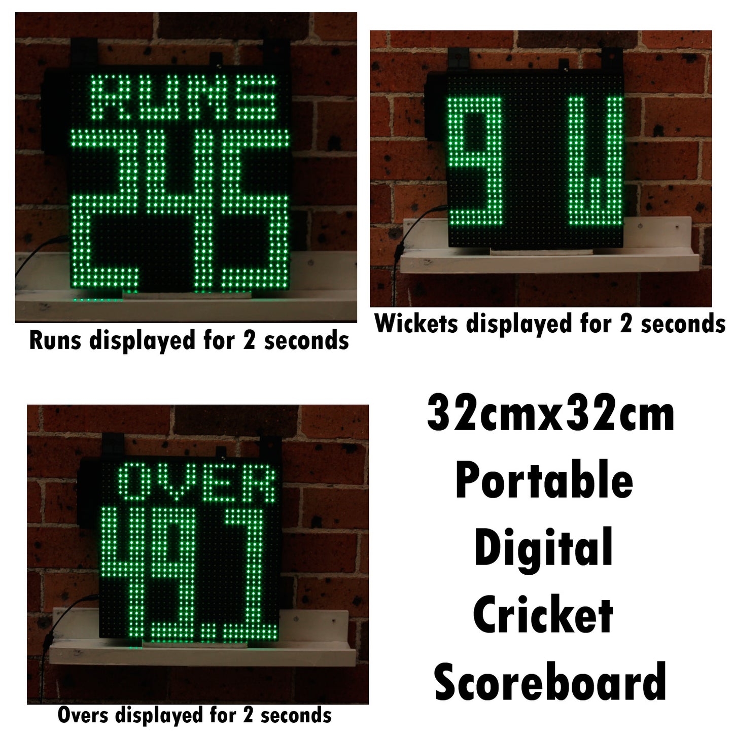 32cmx32cm Digital Cricket Scoreboard with Runs, Wickets and Overs in rotation