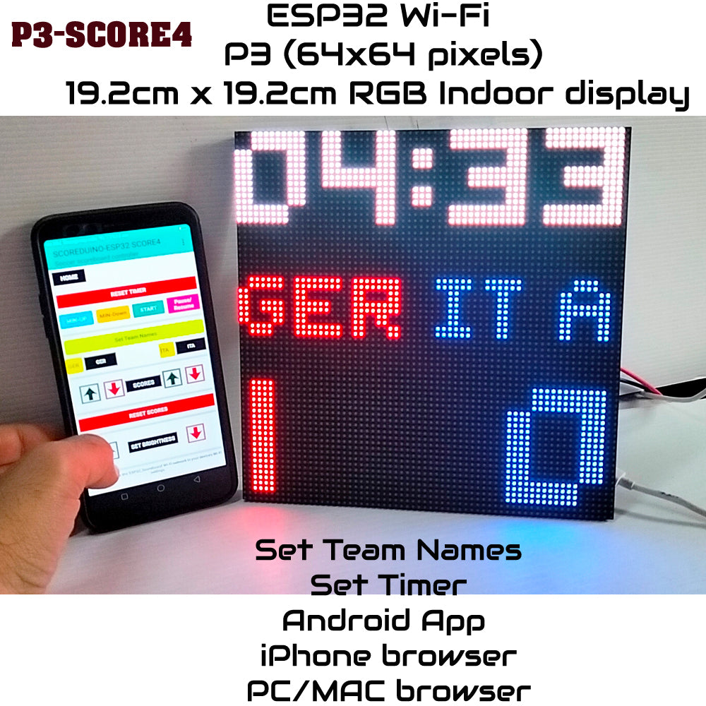 SIZE 6- Wi-Fi controlled Indoor digital scoreboard with P3  64x64 pixels RGB LED matrix- 19.2cmx19.2cm / 7.56 inches×7.56 inches