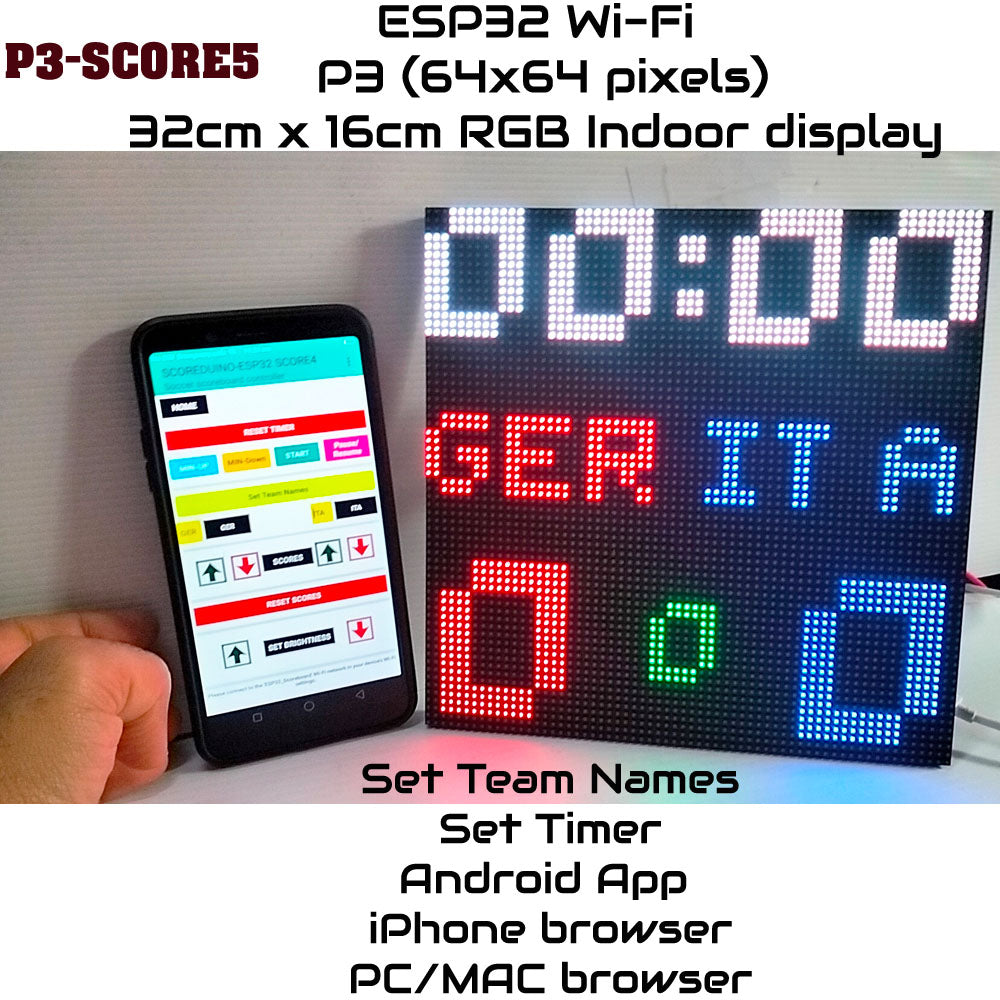 SIZE 6- Wi-Fi controlled Indoor digital scoreboard with P3  64x64 pixels RGB LED matrix- 19.2cmx19.2cm / 7.56 inches×7.56 inches