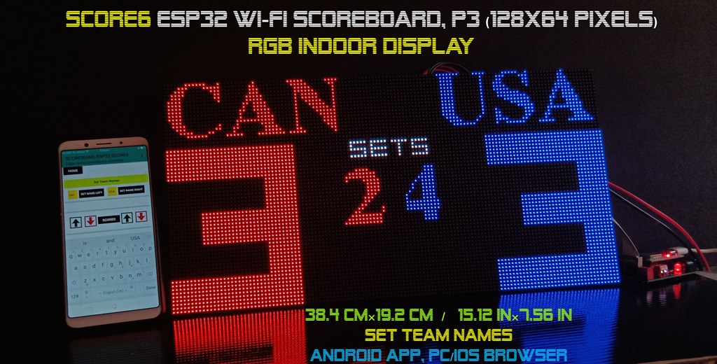 SIZE 3- Wi-Fi controlled Indoor digital scoreboard with 2 chained P3  64x64 pixels RGB LED matrix- 38.4cm x 19.2cm / 15.12 inches ×7.56 inches