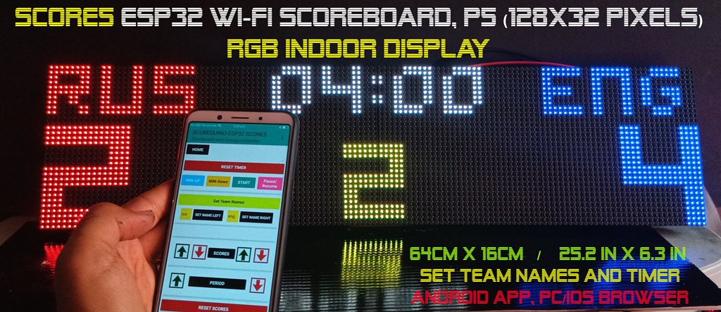 SIZE 2- Wi-Fi controlled Indoor digital scoreboard with 2 chained P5  64x32 pixels RGB LED matrix- 64 cm×16 cm /  25.2inches×6.3inches / 2.1 feet × 0.52 feet