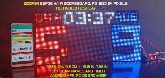 SIZE 3- Wi-Fi controlled Indoor digital scoreboard with 2 chained P3  64x64 pixels RGB LED matrix- 38.4cm x 19.2cm / 15.12 inches ×7.56 inches