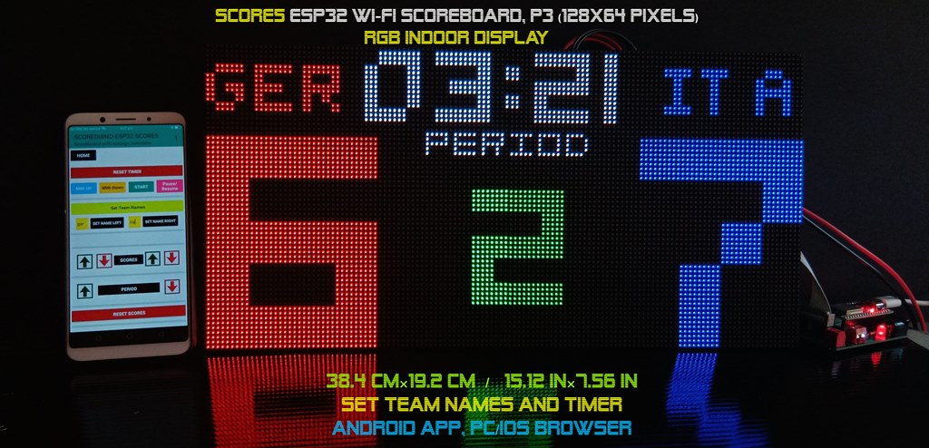 SIZE 3- Wi-Fi controlled Indoor digital scoreboard with 2 chained P3  64x64 pixels RGB LED matrix- 38.4cm x 19.2cm / 15.12 inches ×7.56 inches