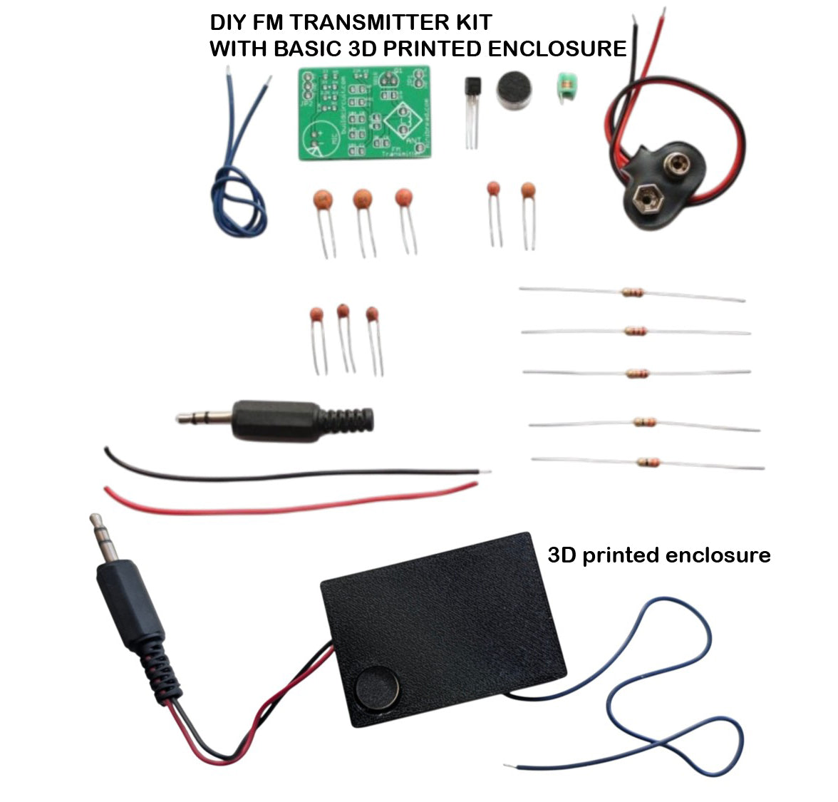 1 transistor FM Transmitter DIY learning kit with basic 3D printed enclosure
