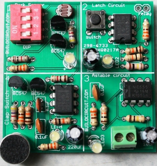 4 in 1 DIY kit- dark sensor, clap switch, latch switch and astable multivibrator