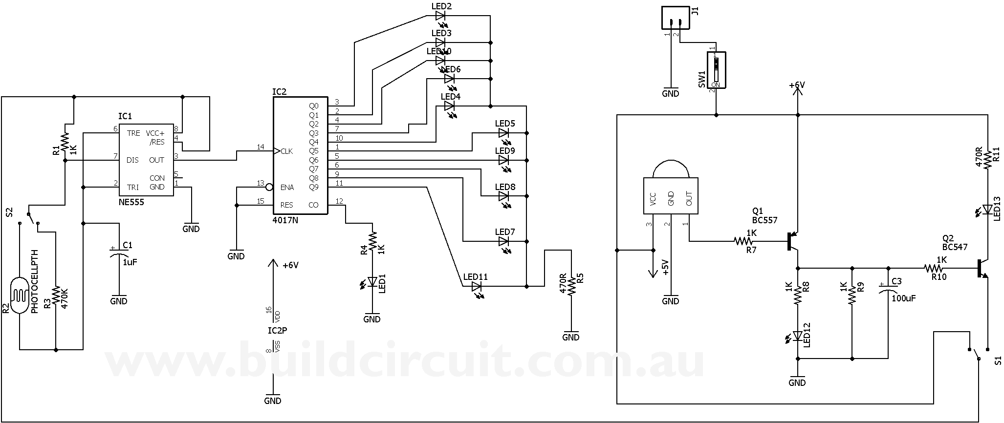 LED chaser using NE555, CD4017, Infrared receiver and